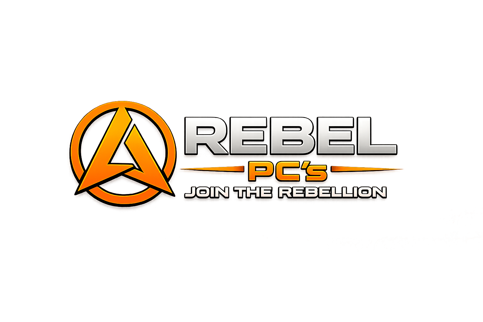Logo for Rebel PC's featuring an orange and black stylized triangle emblem, with the text 'REBEL PC's' and the slogan 'Join the Rebellion' on a brown background.