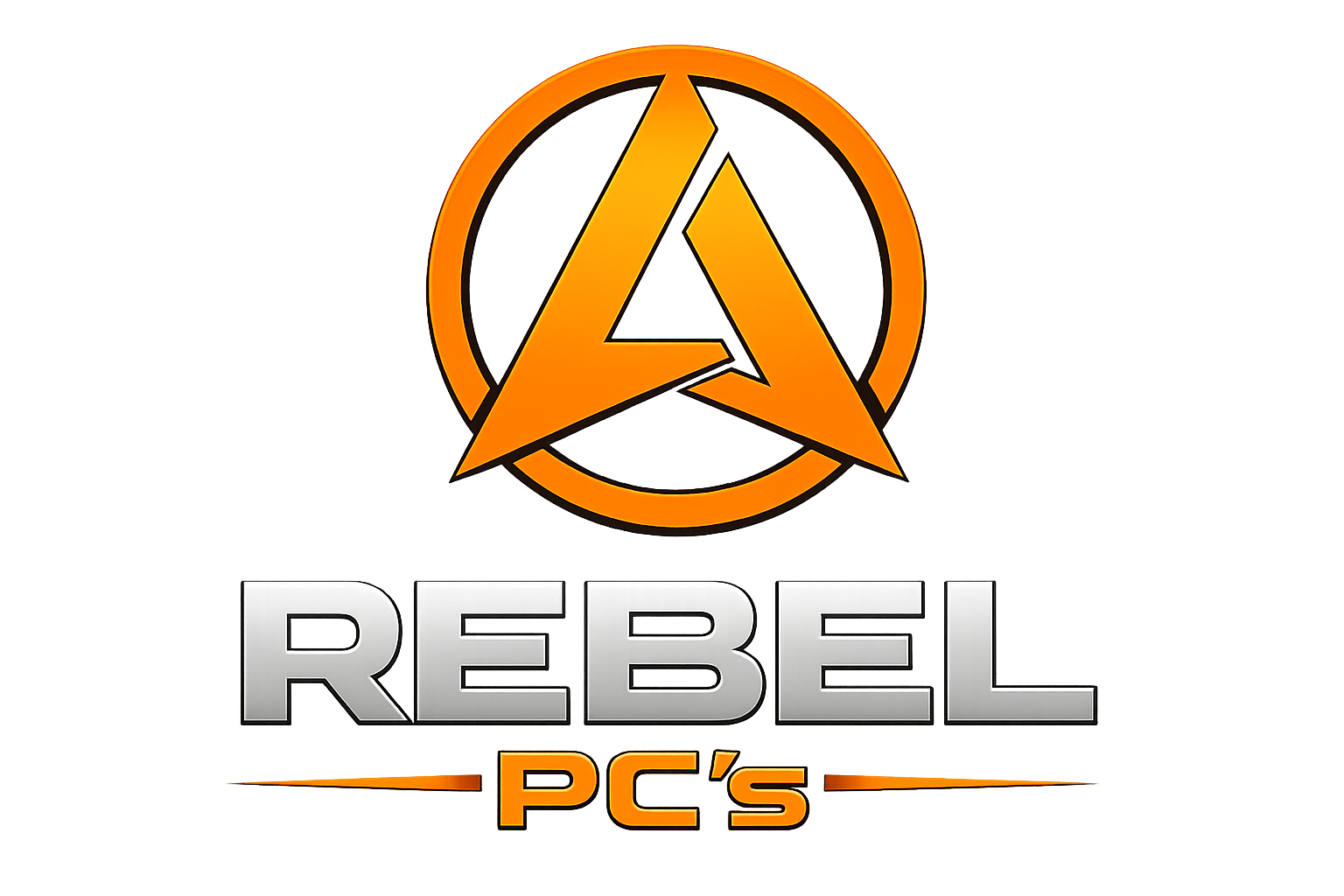 Logo with an orange circles and a triangular symbol at the top, with the words "REBEL PC'S" in bold letters below.