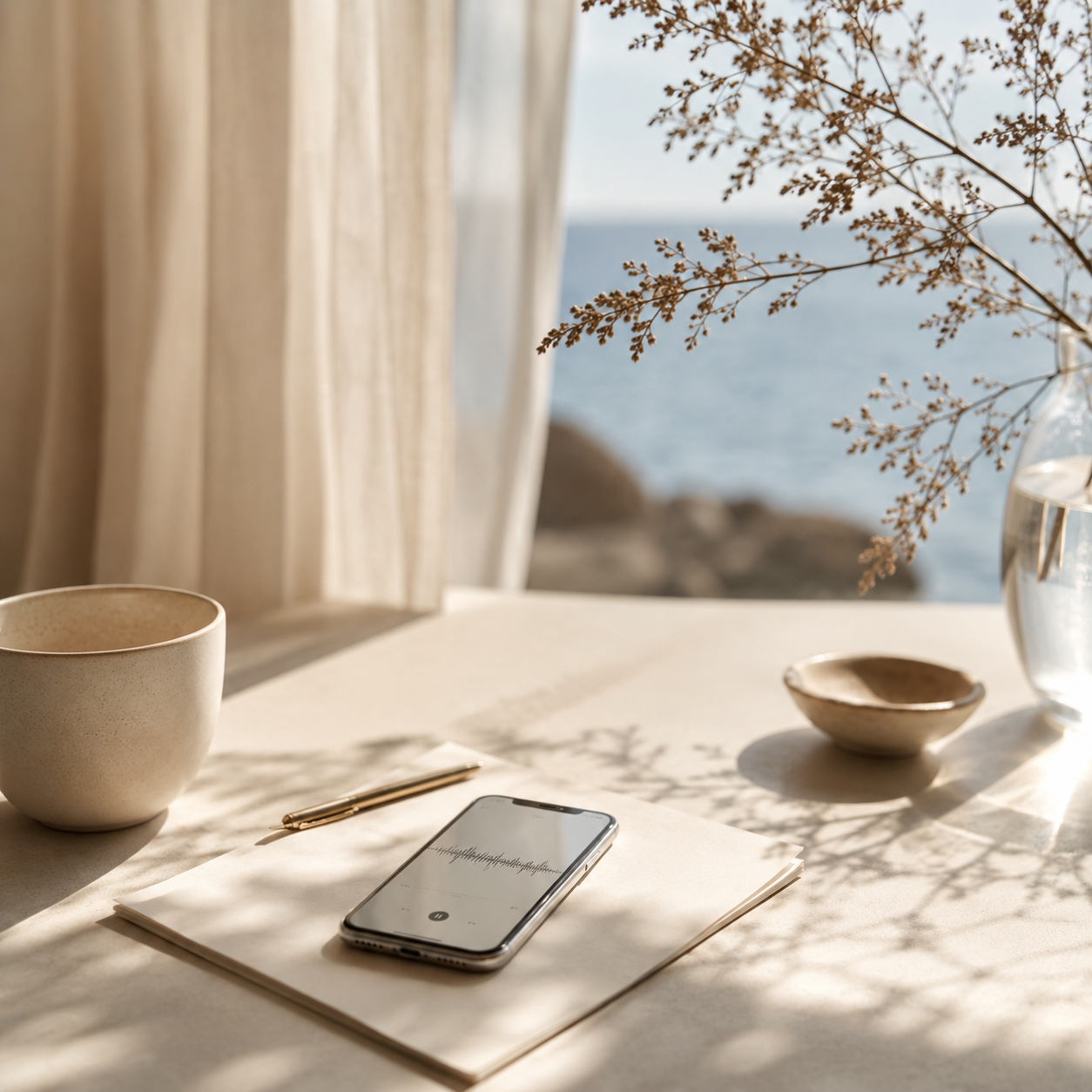 Ein Tisch mit einer Tasse, einem offenen Notizbuch mit Stift, einem Smartphone, einer kleinen Schale und einer Vase mit Trockenblumen vor einem Fenster mit Blick auf das Meer.