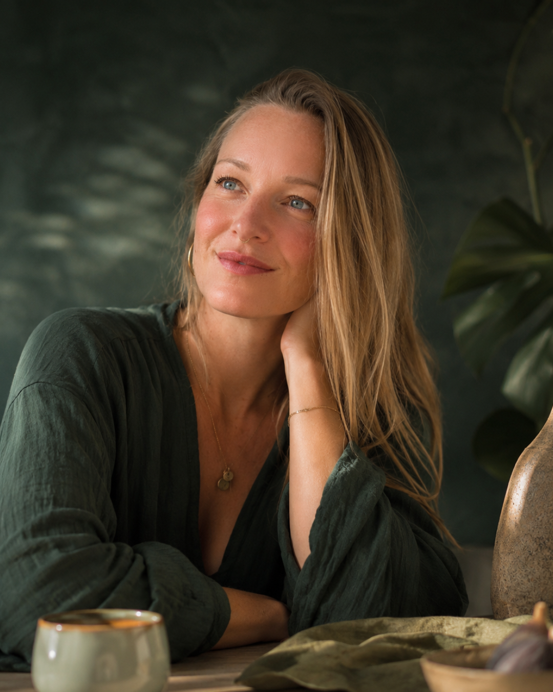 Eine lächelnde Frau mit blonden Haaren, die auf einem Tisch sitzt, umgeben von Pflanzen und Geschirr. Julia Maletz, Gründerin von THE ART OF YOHAKU, sitzt in einer dunkelgrünen Bluse an einem Tisch vor Pflanzen.