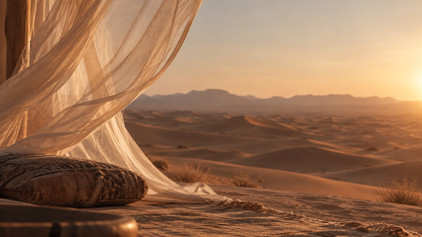 Blick aus einer Hütte mit einem Vorhang in einem Wüstensandland bei Sonnenuntergang oder Sonnenaufgang, mit Sanddünen und Bergen im Hintergrund.