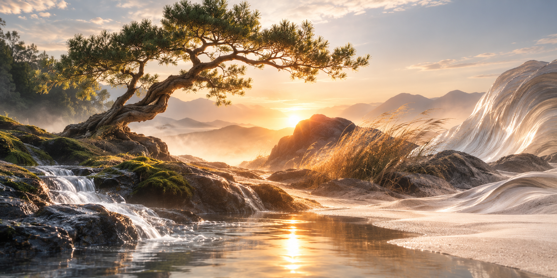 Ein Baum wächst an einem Fluss in einer gebirgigen Landschaft bei Sonnenaufgang, mit Wasserfall im Vordergrund und Bergen im Hintergrund.