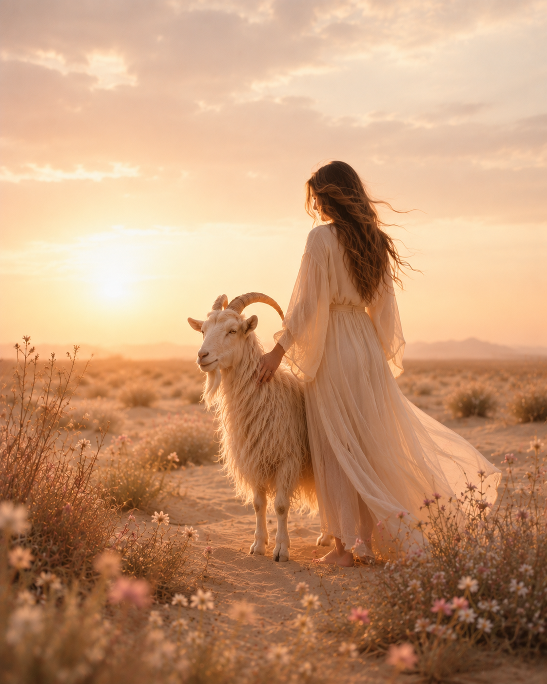 Eine junge Frau in einem langen, weißen Kleid hält die Hand eines zotteligen, weißen Bergziegens bei Sonnenuntergang in einer Wüstenlandschaft.