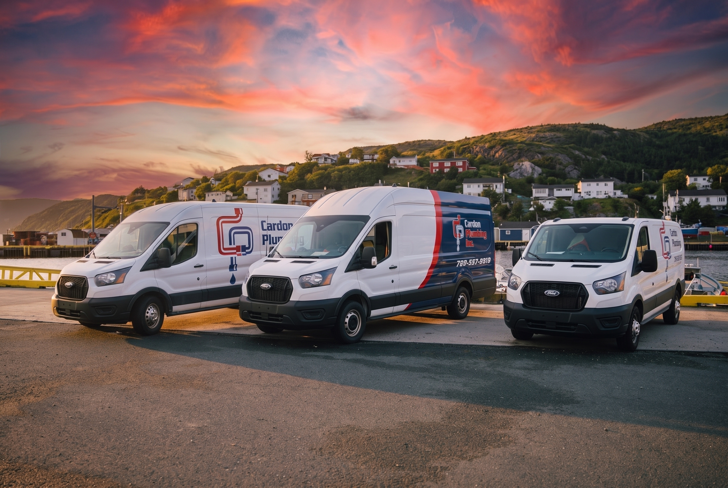 Three white plumbing service vans parked near water with hillside houses and a colorful sunset sky in the background.