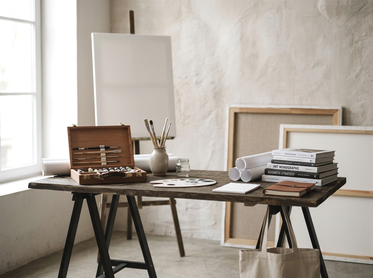 An artist's workspace with a wooden table holding art supplies and books, a white easel, and framed canvases leaning against a textured wall in a bright room.