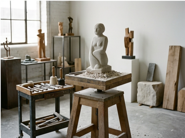 A sculpture studio with a stone sculpture of a kneeling woman on a wooden pedestal, surrounded by pottery tools and other sculptures, with a window and shelves in the background.