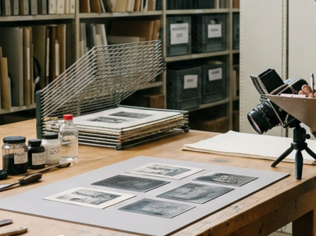 A wooden table with photographic prints, a camera on a tripod, and small bottles of chemicals, with storage shelves in the background.