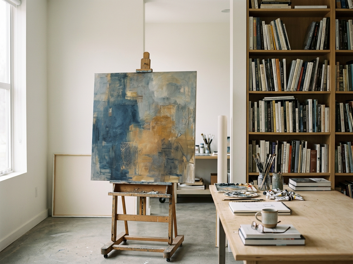 An artist's studio with an abstract painting on an easel, a wooden table with art supplies, and a bookshelf filled with books.