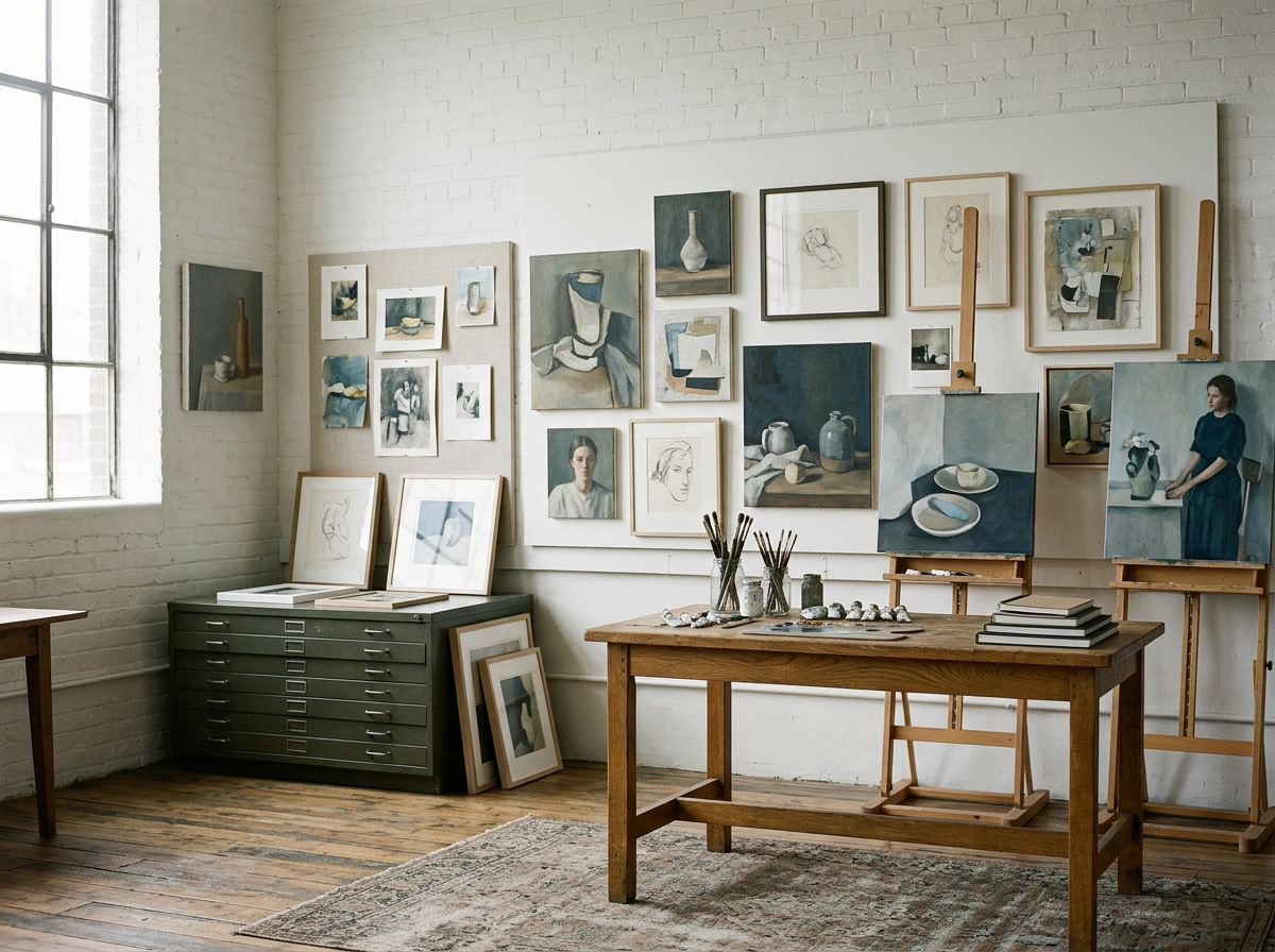An art studio with painted and unpainted artwork on the wall, easels, and a wooden table with art supplies, in front of a large window.