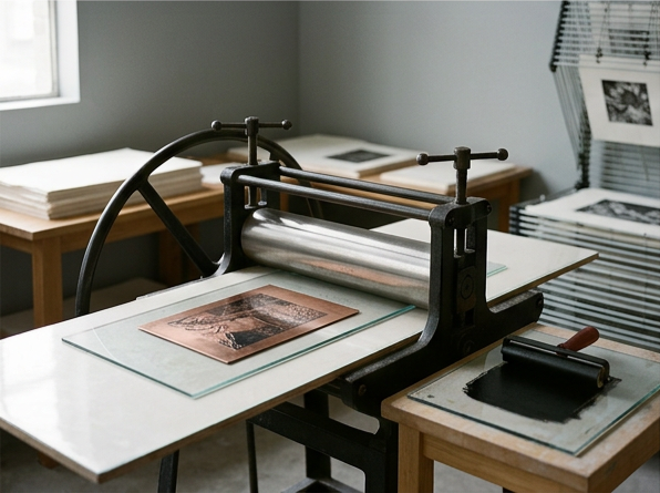A vintage photo lithography or printing press machine on a work table in a printmaking studio.