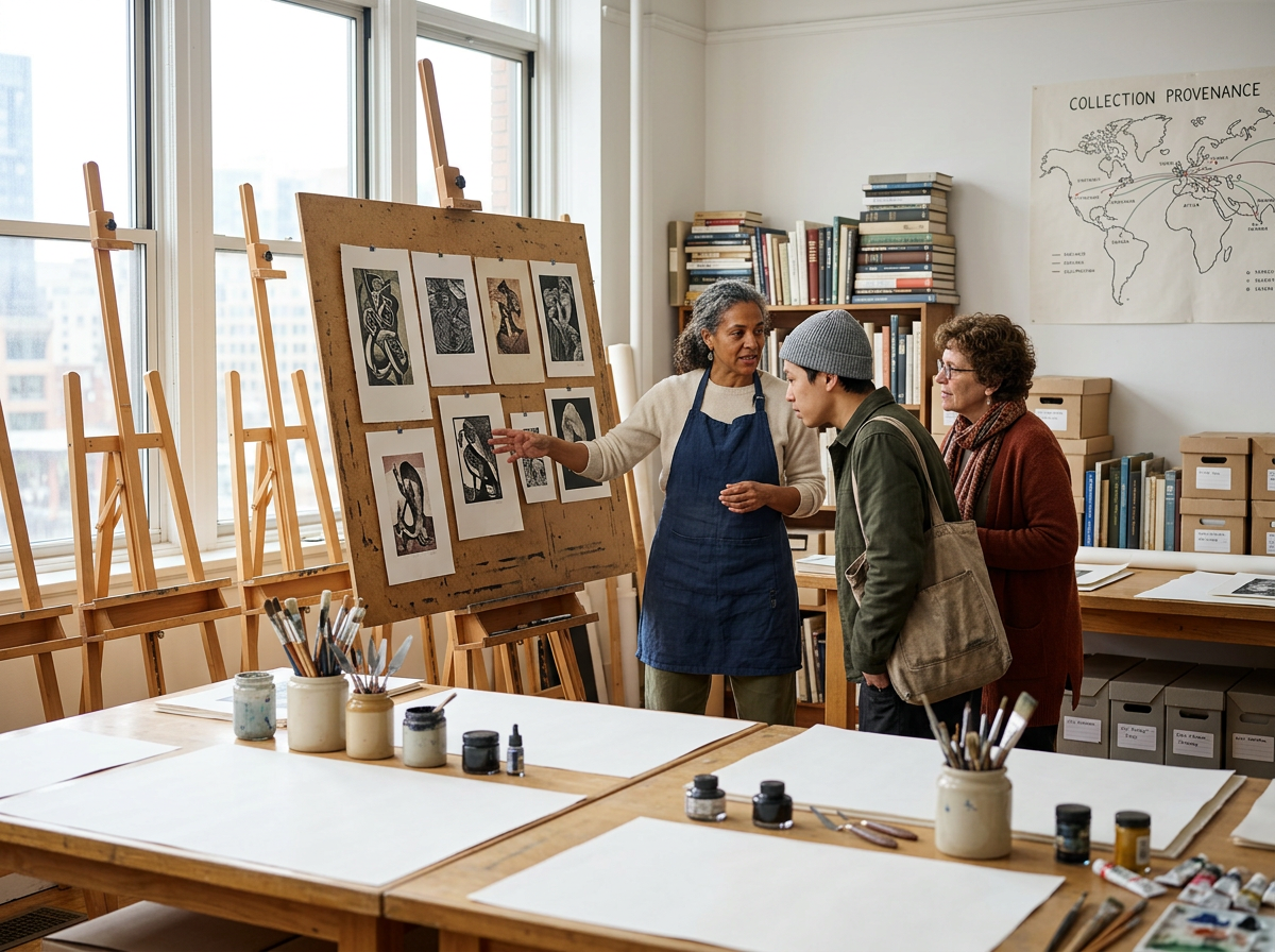 An art teacher explaining her artwork to two students in an art classroom filled with easels, paint jars, brushes, books, and a world map on the wall.