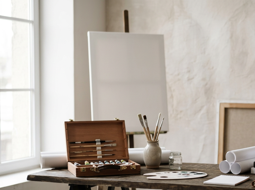 Art supplies on a wooden table next to a blank white canvas, including brushes, paints, and rolled-up paper, in a bright room.