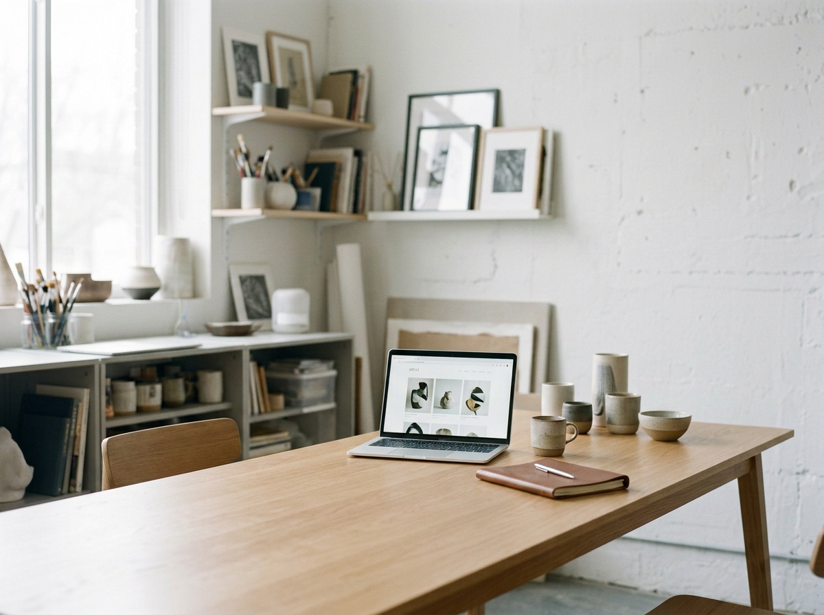 Minimalist workspace with a wooden table, an open laptop displaying a website with ceramic art, several ceramic mugs and bowls, a closed notebook, and a white brick wall with framed pictures and shelves filled with books and art supplies.