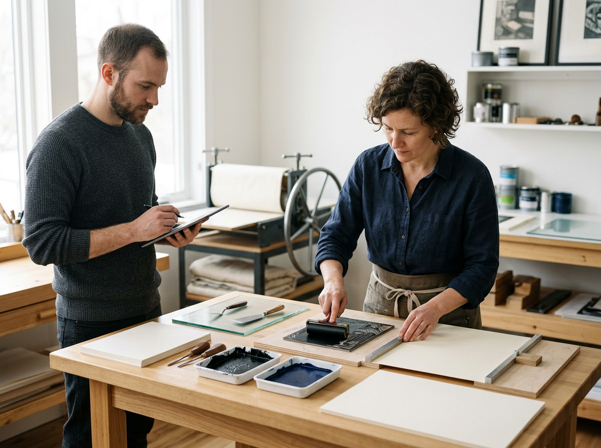 Two people in an art studio, one woman stamping or pressing ink on a printing block, the other man observing and taking notes.