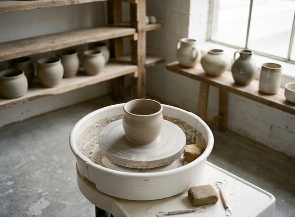 Pottery wheel with a ceramic bowl in progress in a pottery studio, featuring shelves with finished pottery and a window letting in natural light.
