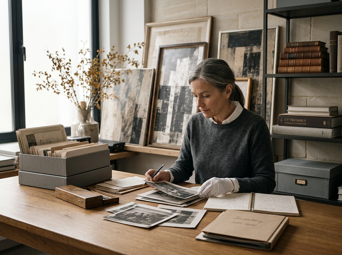 A woman sitting at a wooden desk, examining black and white photographs with a pen. The desk has folders, a notebook, and a box, with framed artworks and books on shelves in the background.