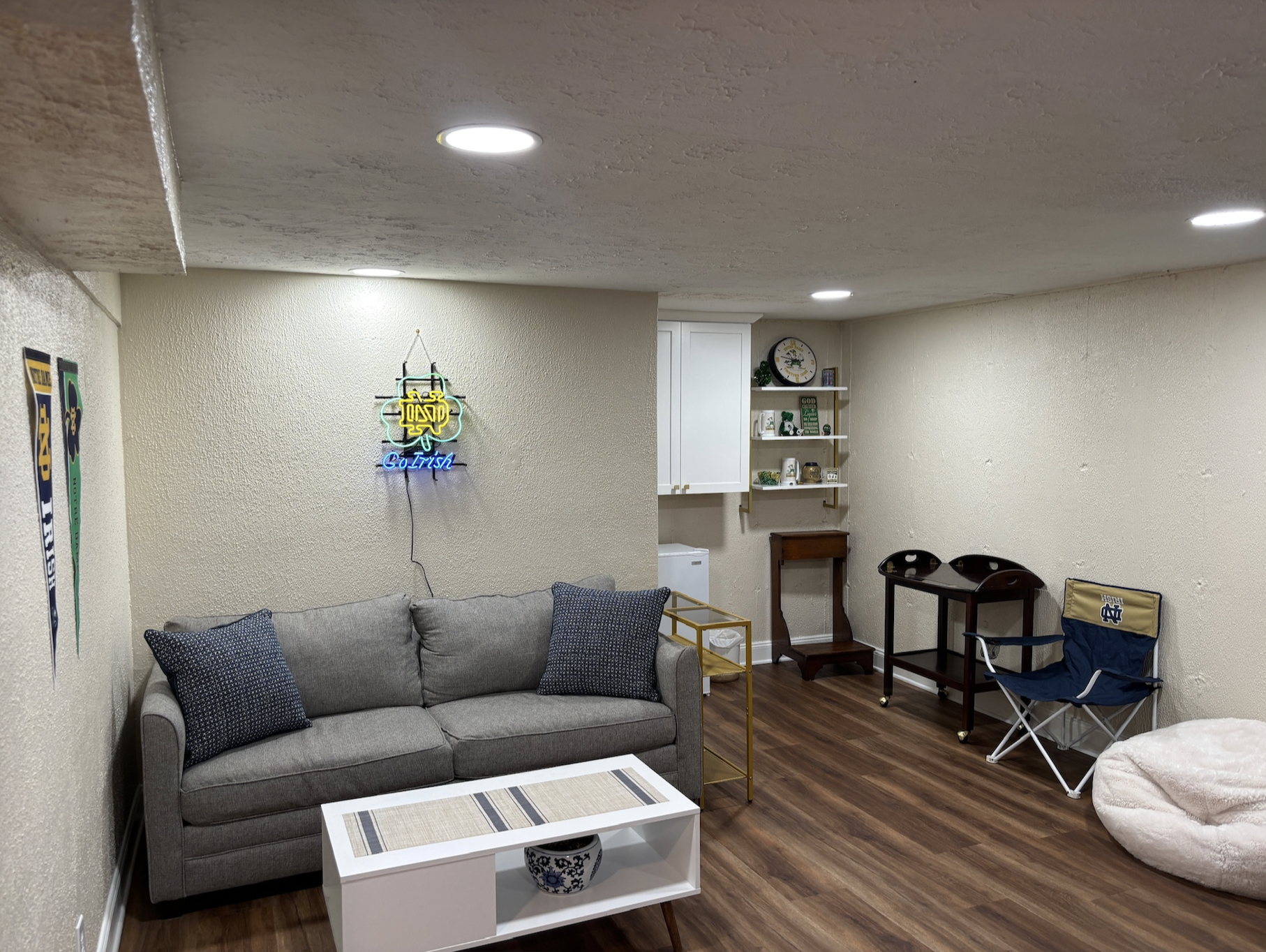 Back area of basement with ND memorabilia 