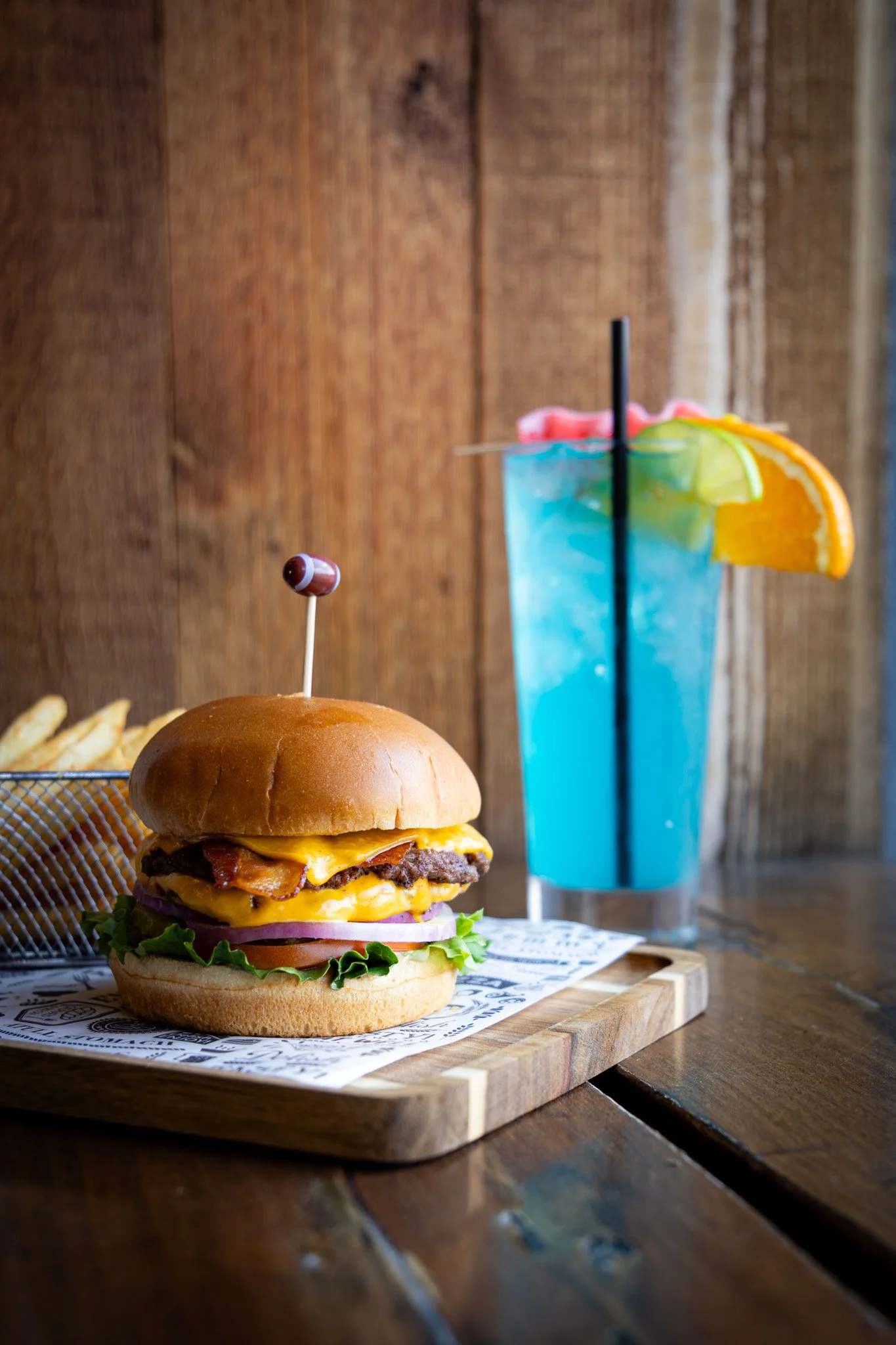 The Hangout Cheese burger and cocktail