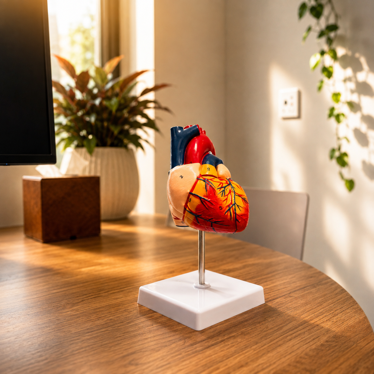 An anatomical model of a human heart on a table in a well-lit room with plants and furniture in the background.