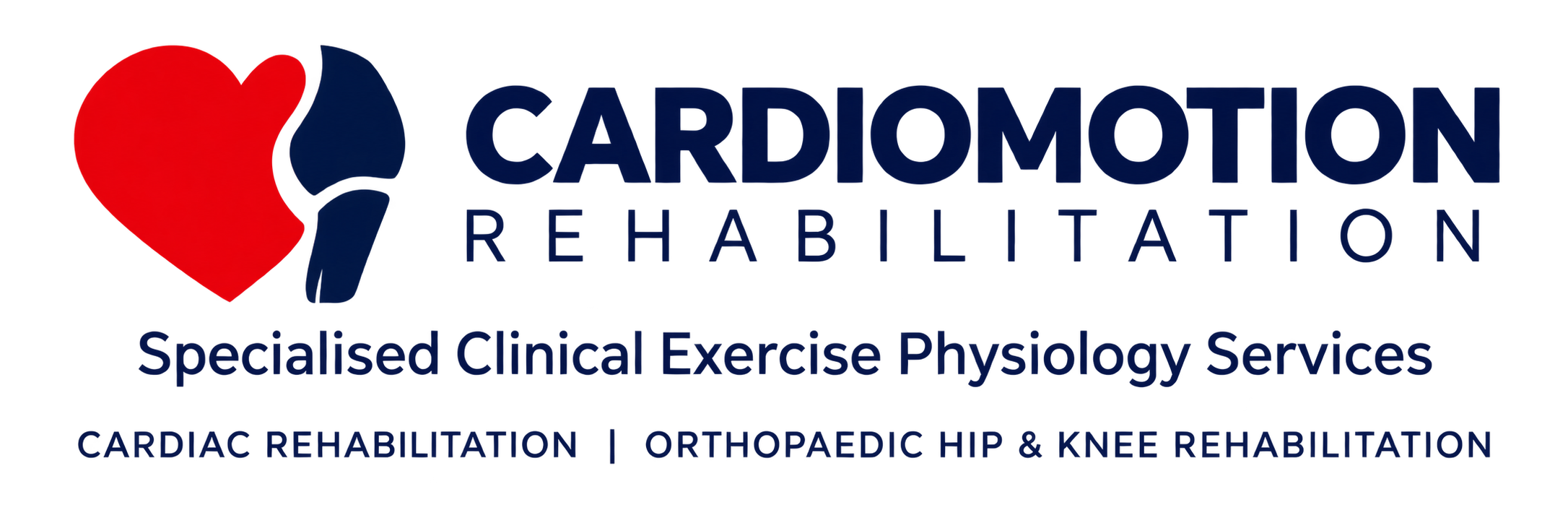 Logo for Cardiomotion, a healthcare facility specializing in cardiac rehabilitation, with a heart graphic and text indicating services for cardiac rehab, orthopedics, therapy, and knee rehabilitation.