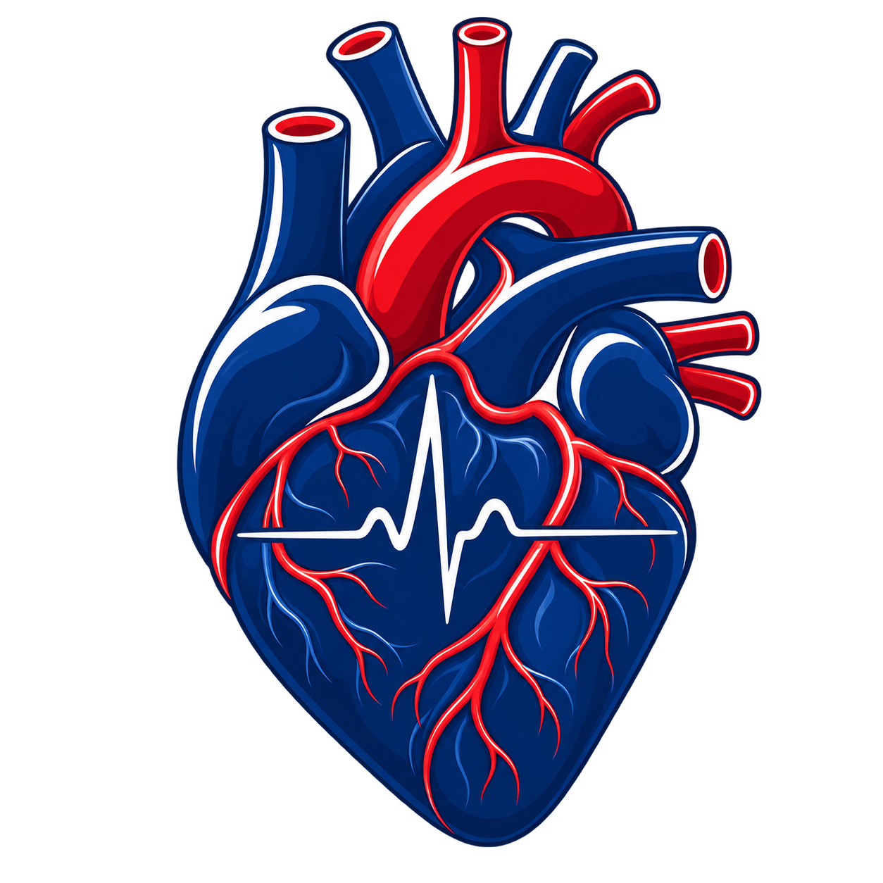 A digital illustration of a human heart with an electrocardiogram line across it, in red and blue colors.