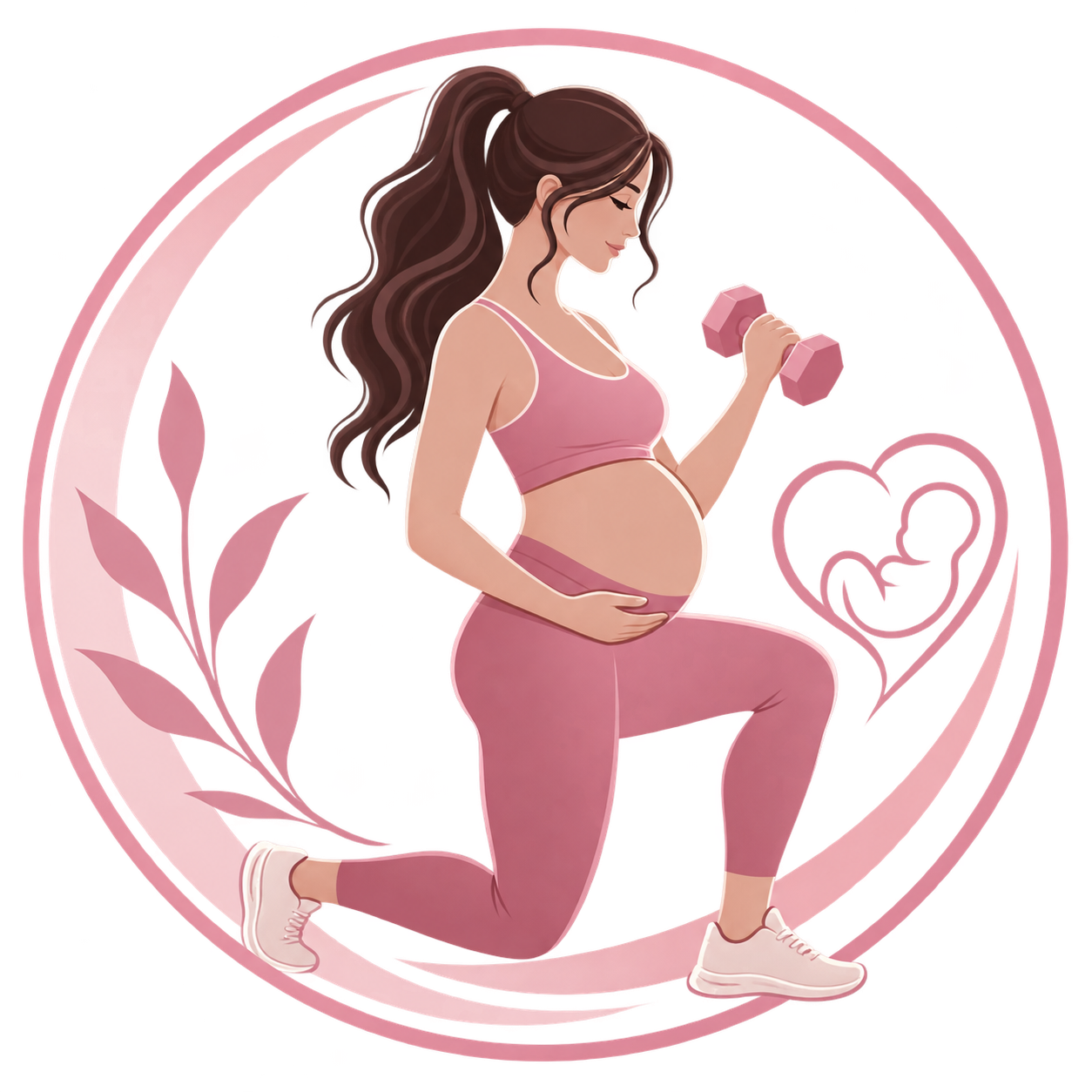 Illustration of a pregnant woman with long brown hair tied in a ponytail, wearing a pink sports bra and pink leggings, kneeling while lifting a pink dumbbell with her right hand and holding her belly with her left hand. She is inside a circular frame with a pink heart and fetus icon and decorative pink leaves.