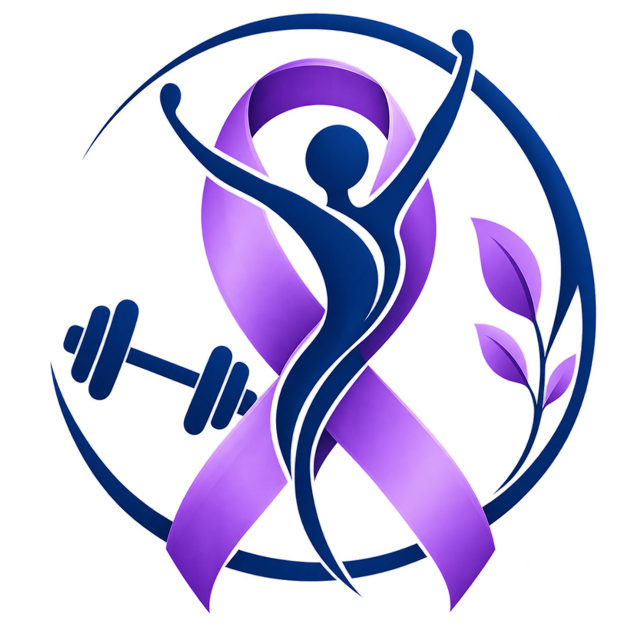 A stylized icon of a person lifting a dumbbell, intertwined with a pink ribbon and surrounded by a circular frame with leaves, symbolizing health and fitness awareness.