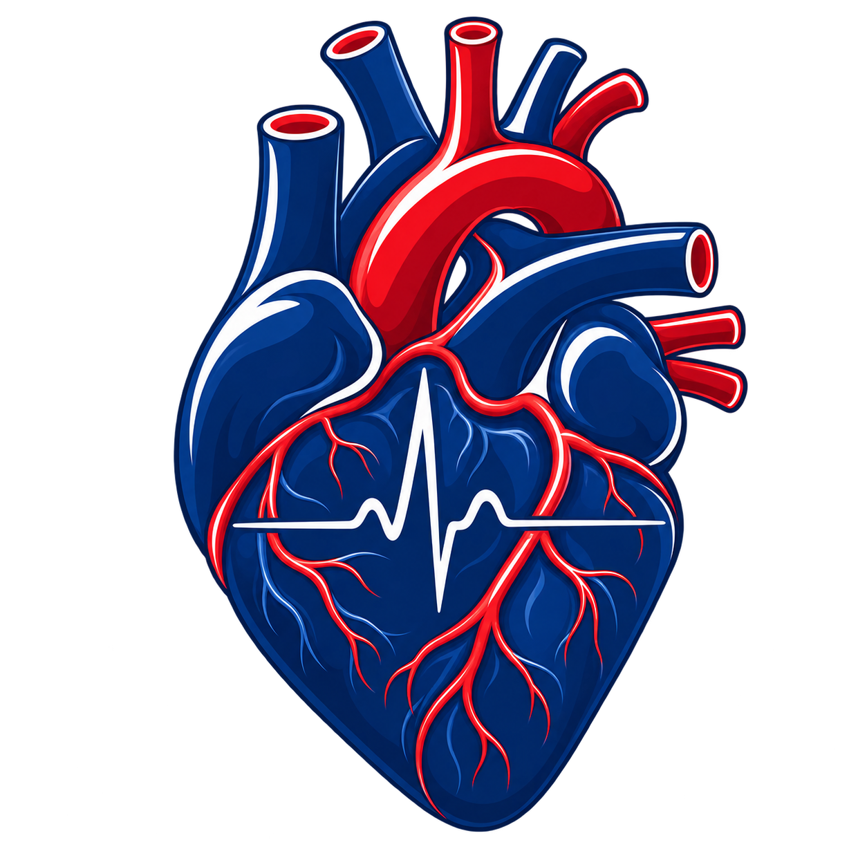 Illustration of a human heart with a heartbeat line across it, colored in red and blue.