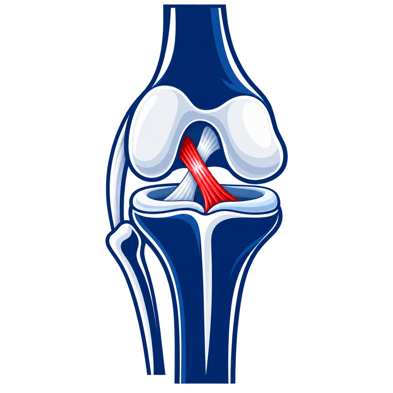 An illustration of a human knee joint showing bones, cartilage, and an inflamed ligament.