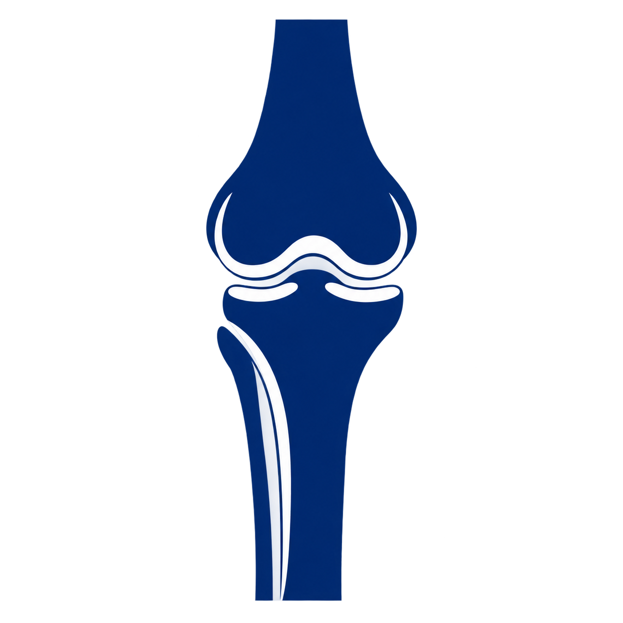A blue and white stylized icon depicting a human knee joint with a focus on the bones and cartilage.