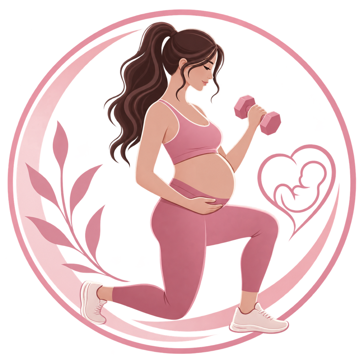 Illustration of a pregnant woman in pink workout clothes kneeling and lifting a dumbbell, surrounded by a heart and a fetus symbol.