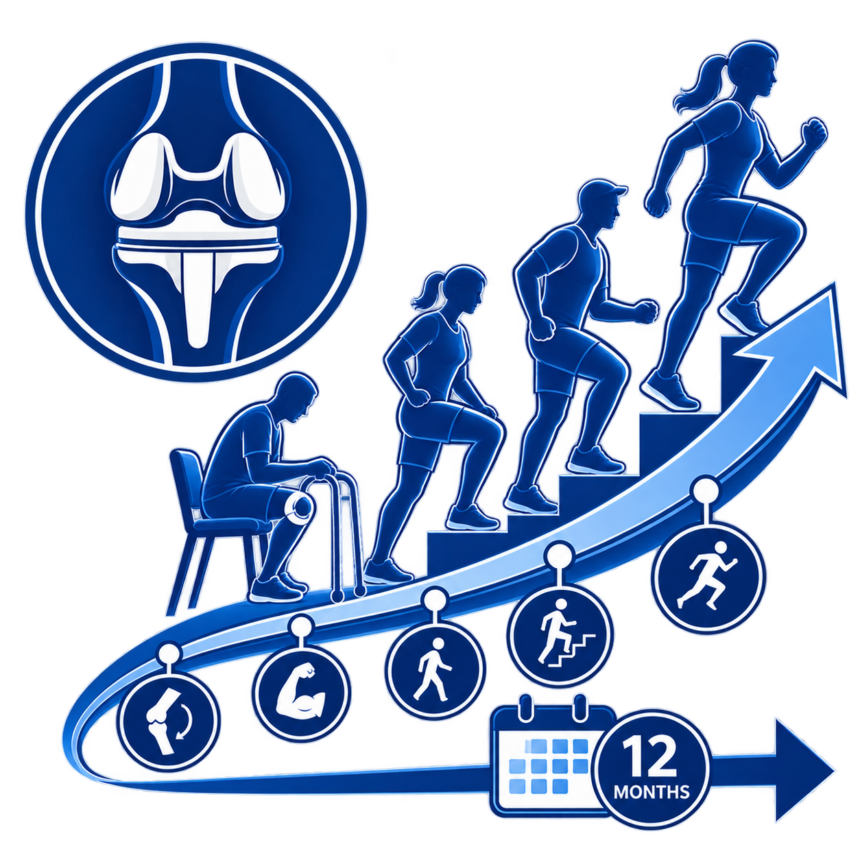 A digital illustration showing the progression of physical activity from sitting with a cane to running with an upward arrow, representing improving health over 12 months. The image includes a senior person sitting, then walking, then jogging, and finally running, with icons indicating each stage of exercise. A large icon of a knee joint is in the top left corner.