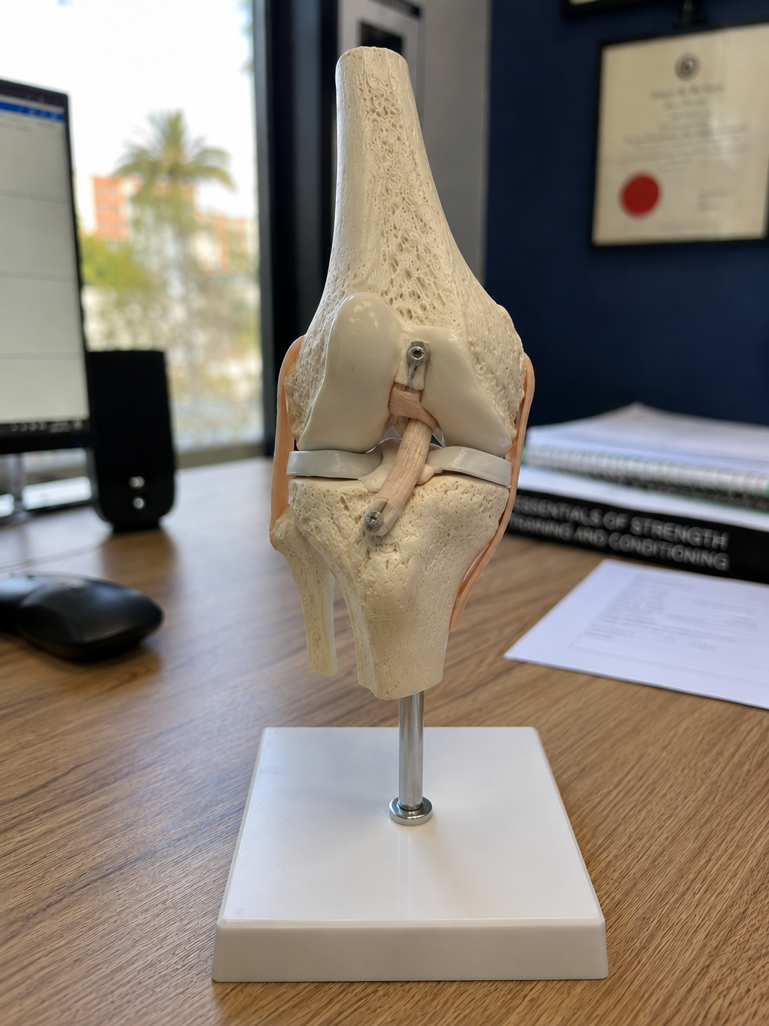 An anatomical model of a human knee joint showing bones, cartilage, ligaments, and tendons set on a wooden desk in an office environment.