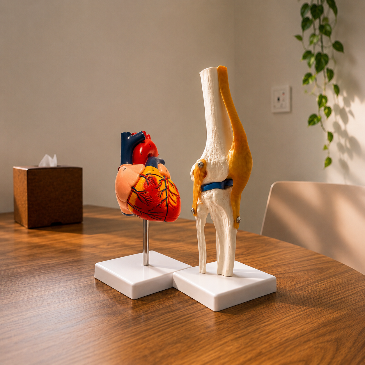 Models of a human heart and a human knee joint on a wooden table in an office setting with a tissue box and a plant in the background.