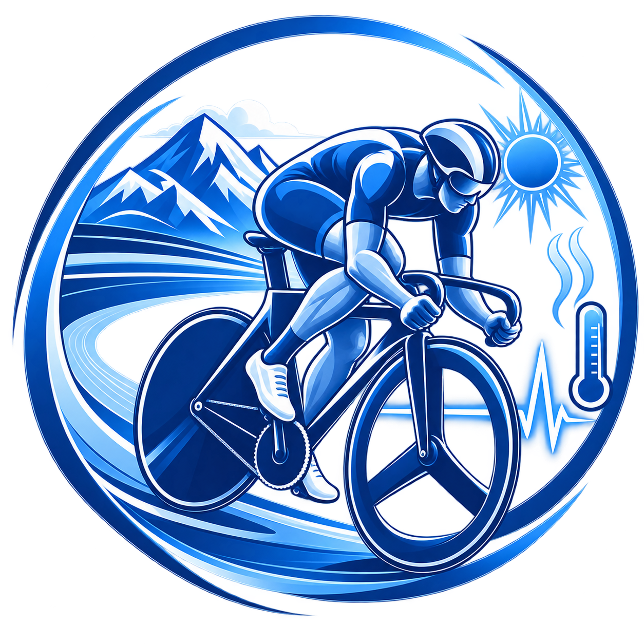 A stylized blue illustration of a cyclist riding a bike in a mountainous landscape with the sun, steam or vapor, and a thermometer indicating temperature, symbolizing outdoor cycling or environmental conditions.