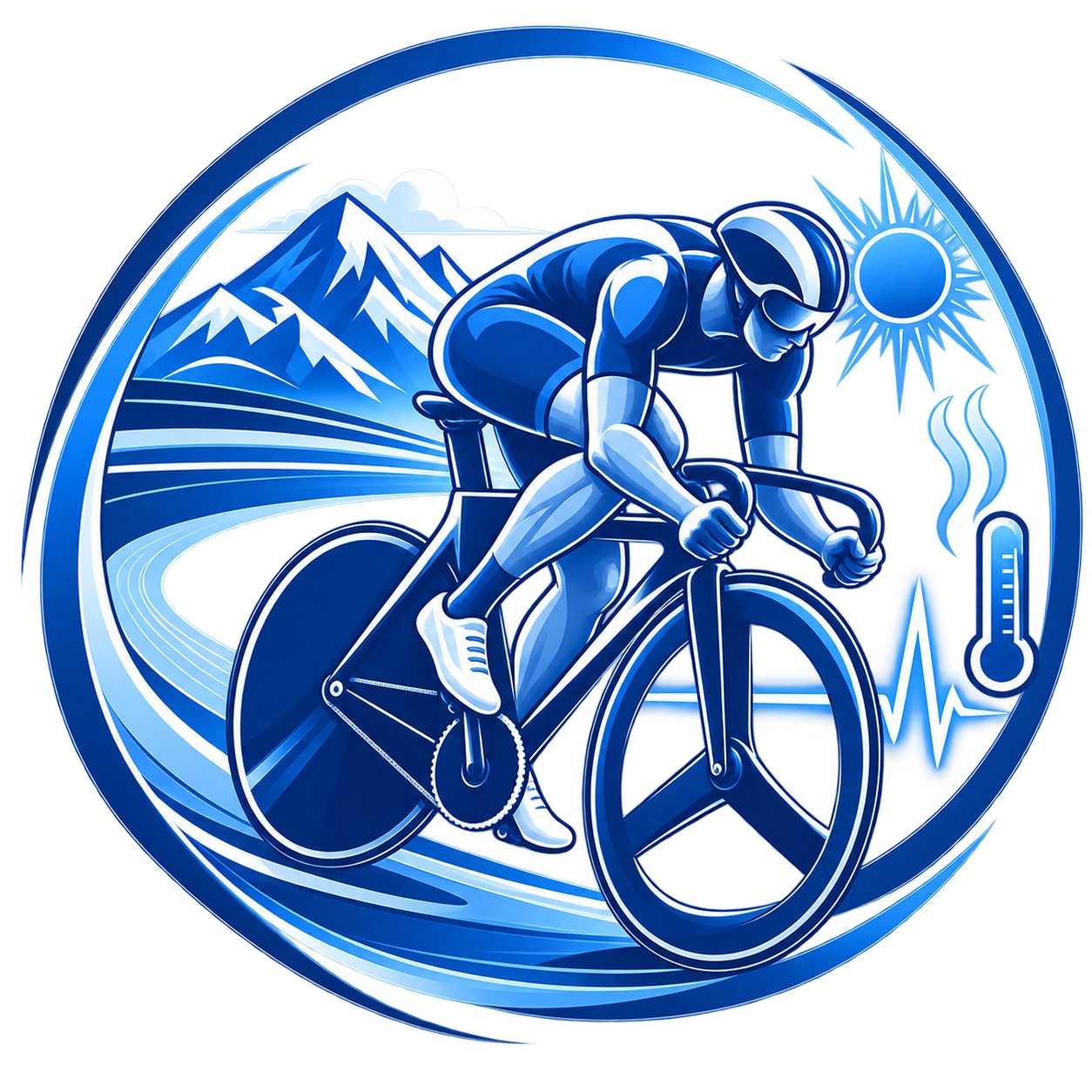 Illustration of a cyclist riding a bike with mountains, a sunny sky, and a thermometer indicating temperature around 30 degrees Celsius in the background, and a heartbeat symbol.