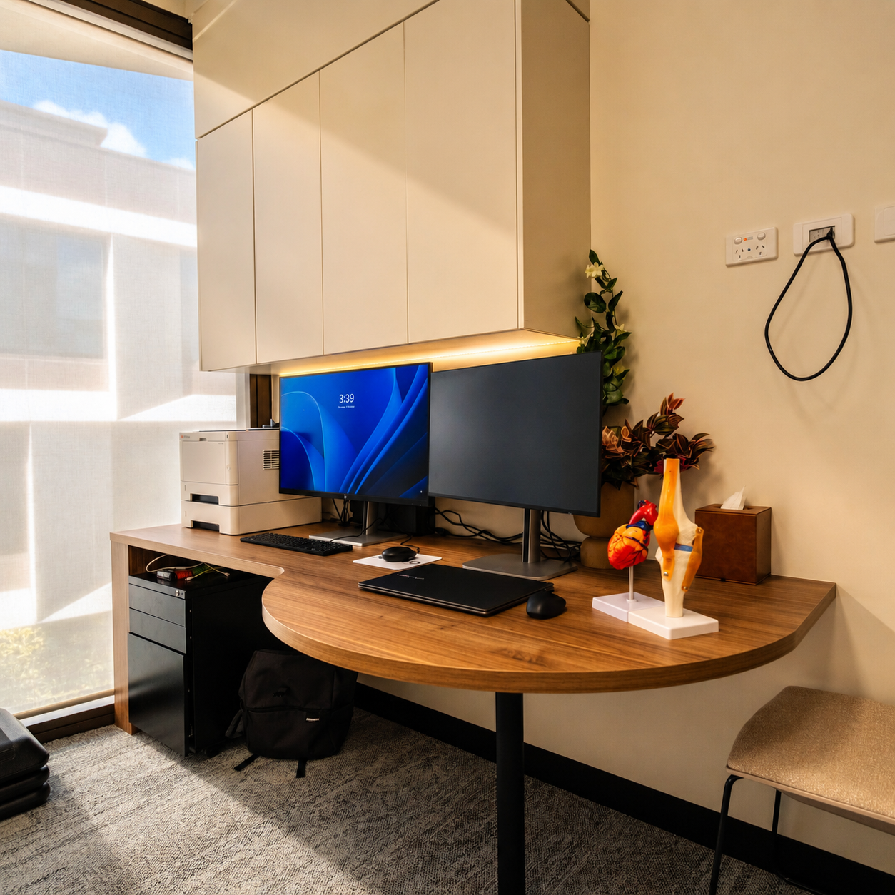 Office workspace with dual monitors on a wooden desk, a printer, a keyboard, a mouse, and decorative items like a plant, a tissue box, and anatomical models. There's a window with a sheer curtain and some wall outlets.