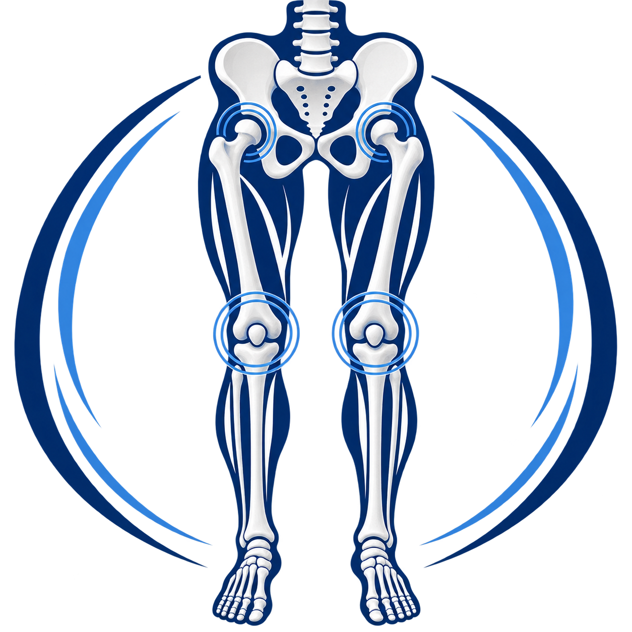 Illustration of a human skeleton highlighting the hips, knees, and ankles with blue circular markers and lines indicating focus on these joints.
