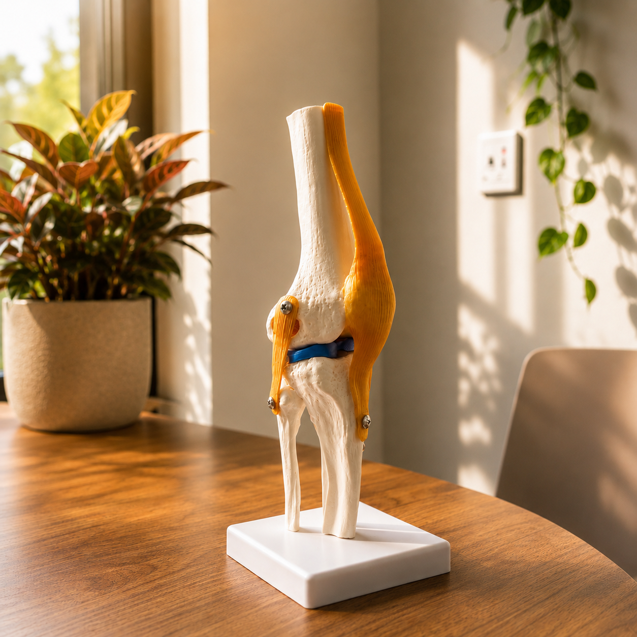 An anatomical model of a human knee joint placed on a wooden table, with plants and a window in the background.