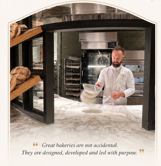 Baker pouring flour into a bowl in a professional bakery with shelves of bread and baking equipment in the background.