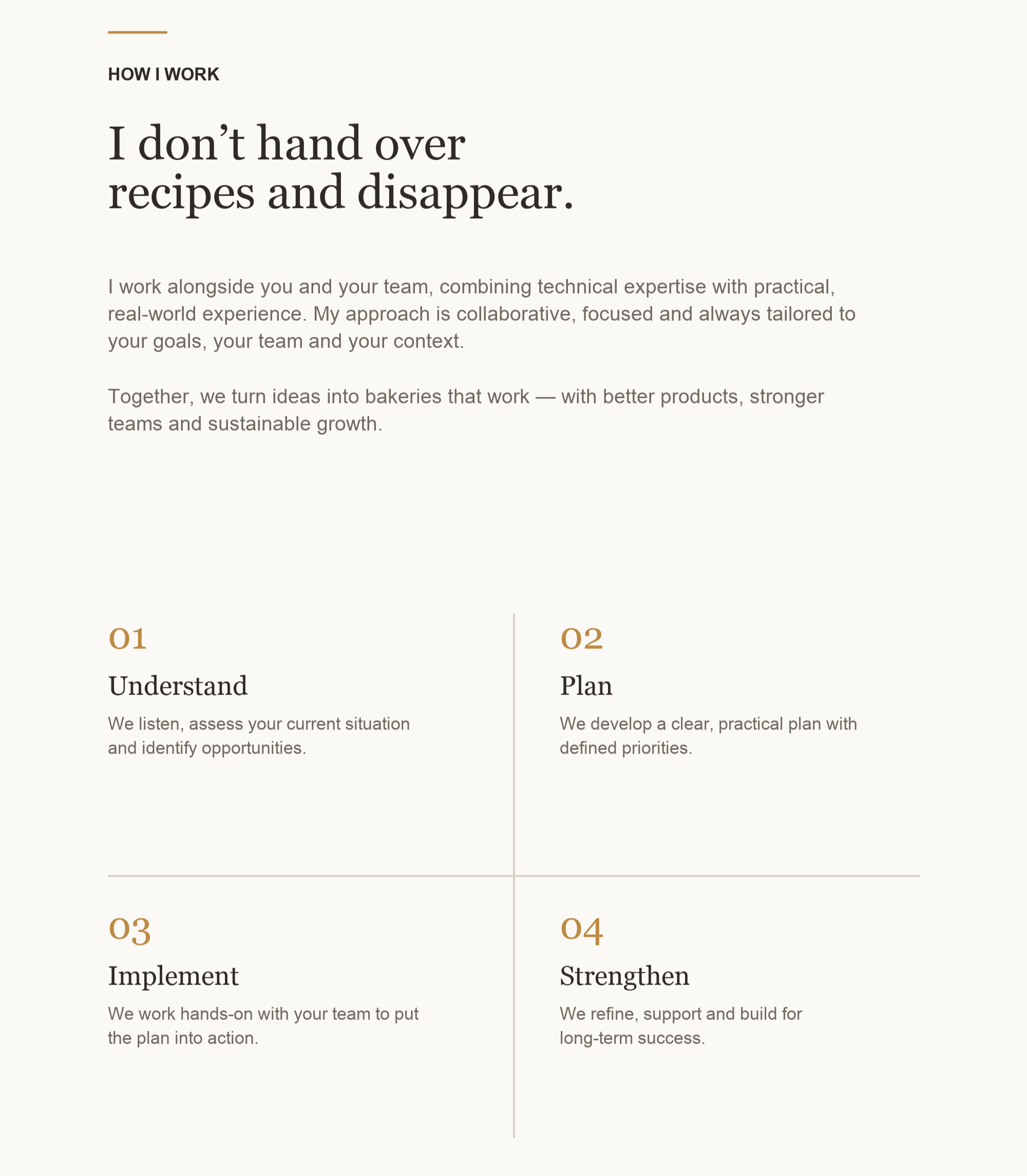 A webpage section titled 'How I Work' with four numbered steps. Step 1 is 'Understand,' focusing on listening and assessing your situation. Step 2 is 'Plan,' developing a clear, practical plan with priorities. Step 3 is 'Implement,' working hands-on with the team to take action. Step 4 is 'Strengthen,' refining, supporting, and building for long-term success.