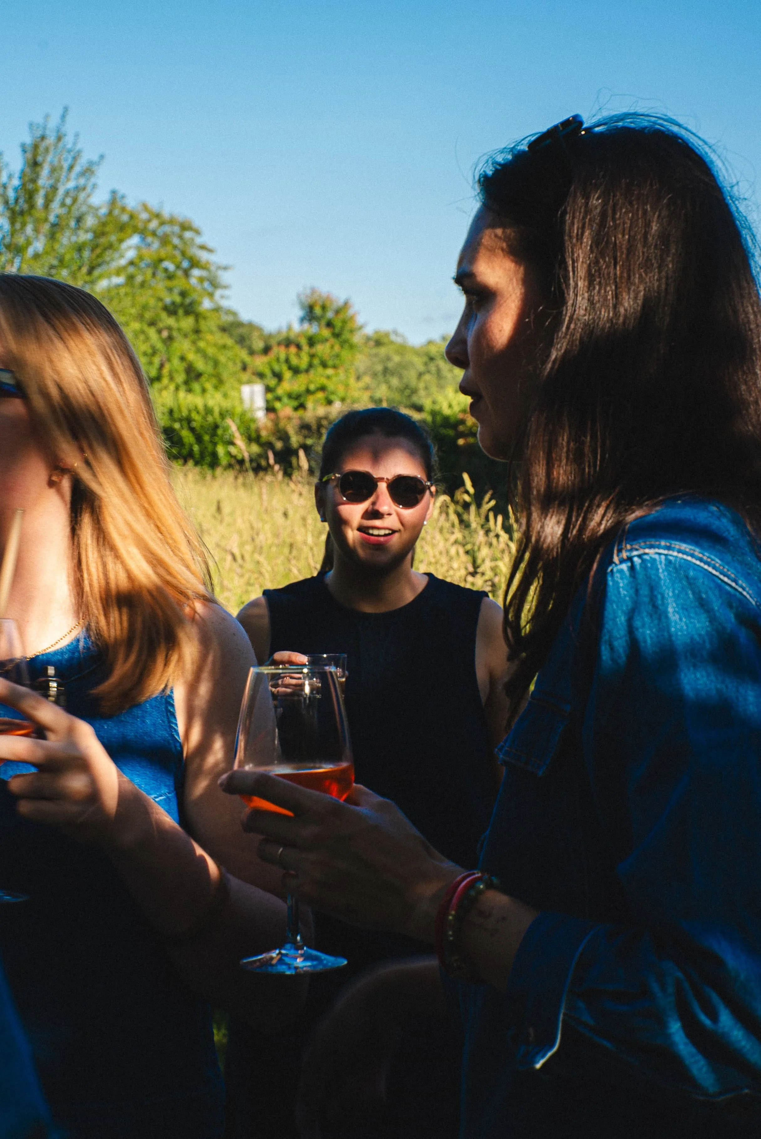 Groupe de jeunes femmes discutant lors d'une réunion en plein air, tenant des verres de vin, sous un ciel clair et ensoleillé.