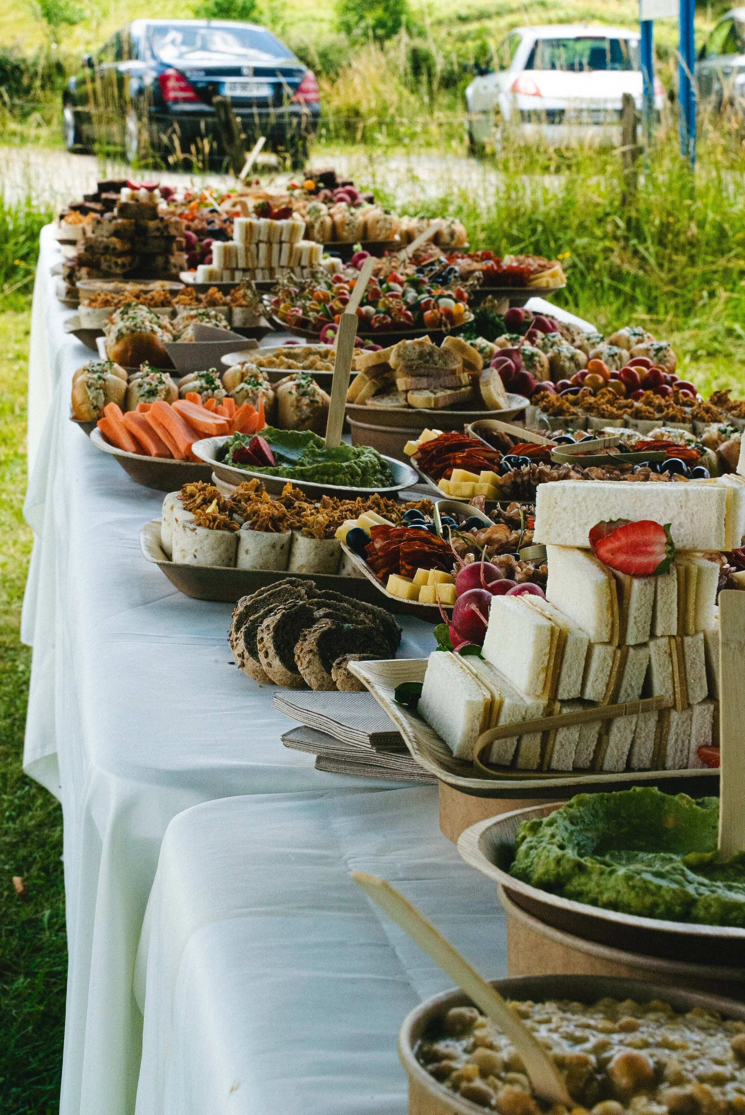 Un buffet avec diverses plats, sandwiches, desserts et dips, placé sur une table à l'extérieur.