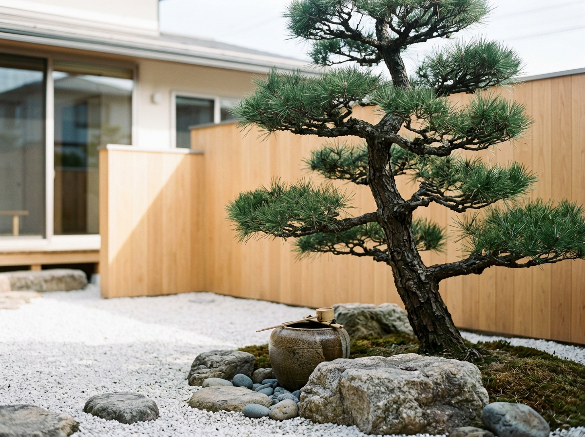 A Japanese-style garden with a bonsai pine tree, rocks, and a ceramic water basin near a wooden fence outside a house.