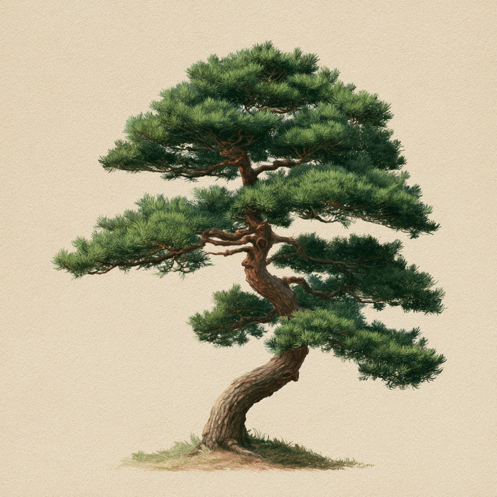 A lush, well-pruned bonsai tree with a curved trunk and layered green foliage on a beige background.