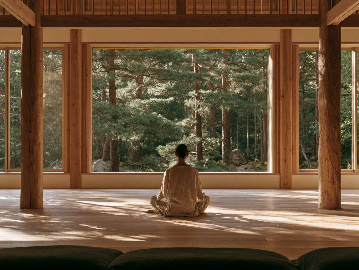 A woman sitting cross-legged on a wooden floor, facing large windows that reveal a lush forest outside.