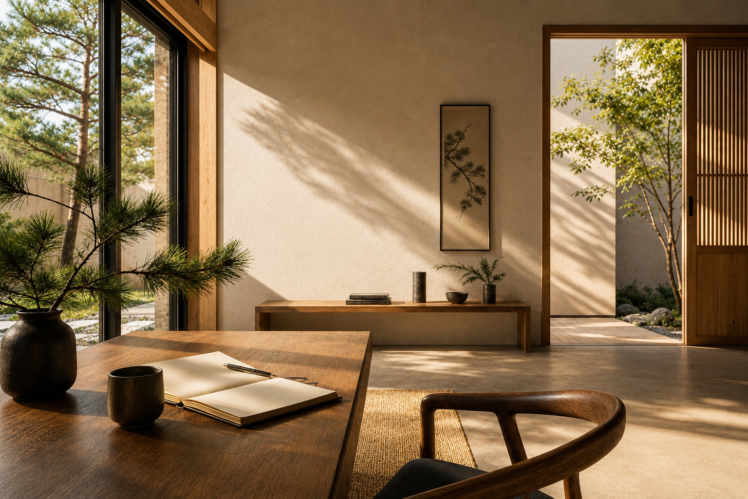 A modern, minimalist interior with a wooden dining table, open notebook, black cup, and vase with pine branches. Sunlight streams through large windows onto a simple wall with a framed pine branch print, with a view of a small garden and open door leading outside.