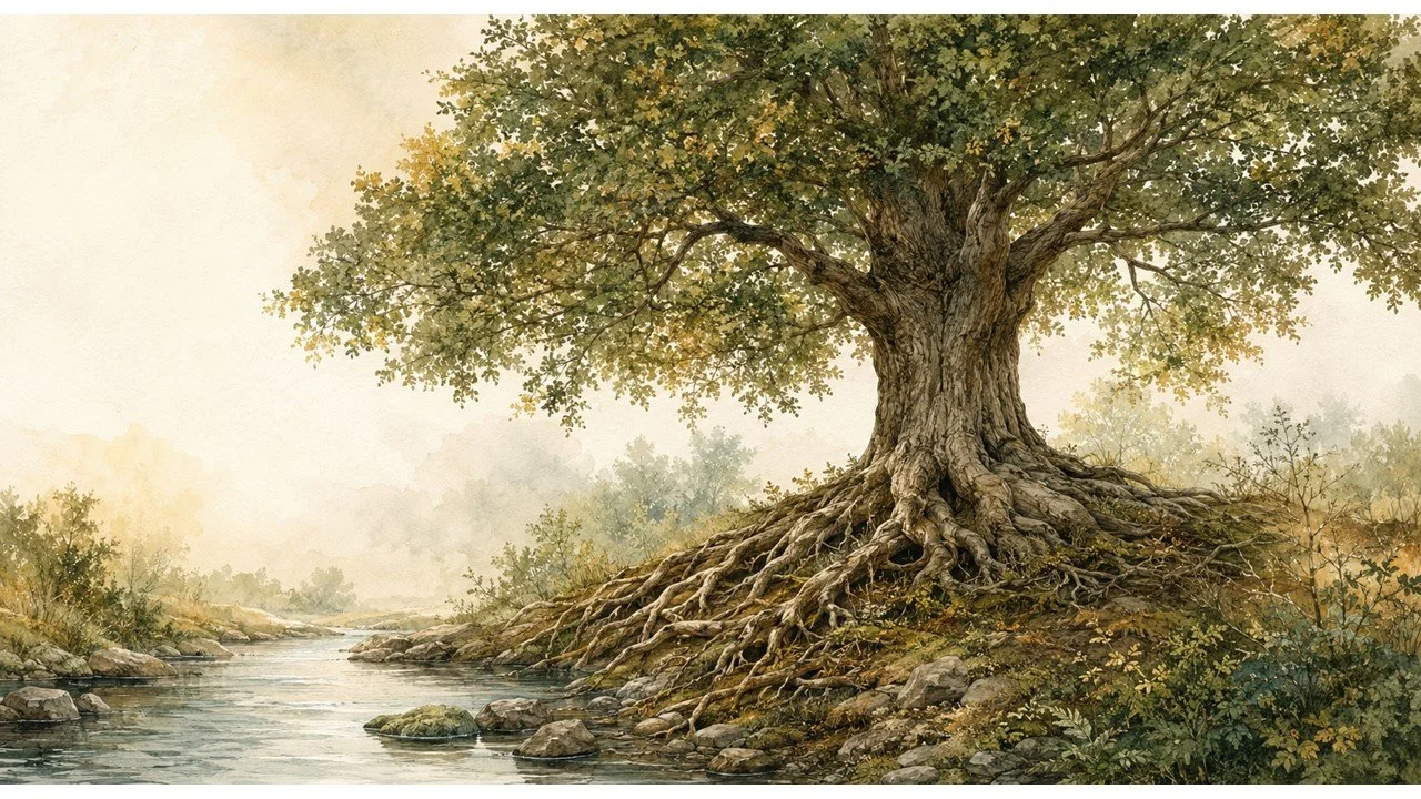 A full, deeply rooted tree beside a calm stream, symbolizing growth, resilience, and quality of life.