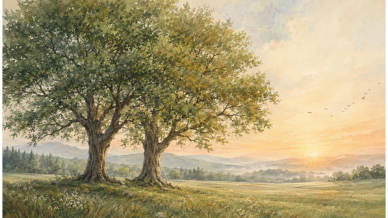 Two full trees in warm morning light, welcoming readers into a calmer and more connected quality of life.