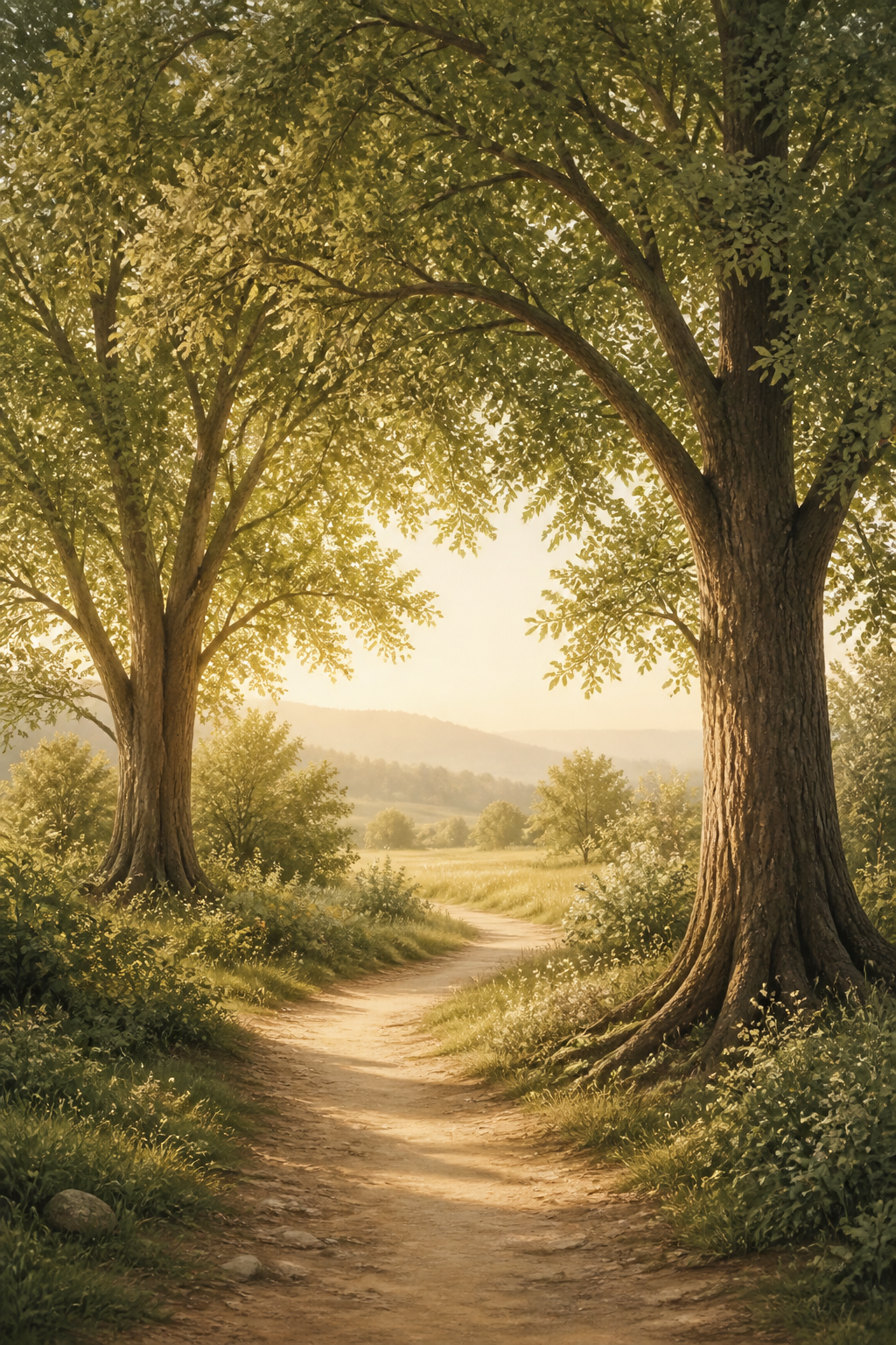 A warm woodland path framed by two full mature trees, inviting visitors toward calm, connection, growth, and a richer quality of life.